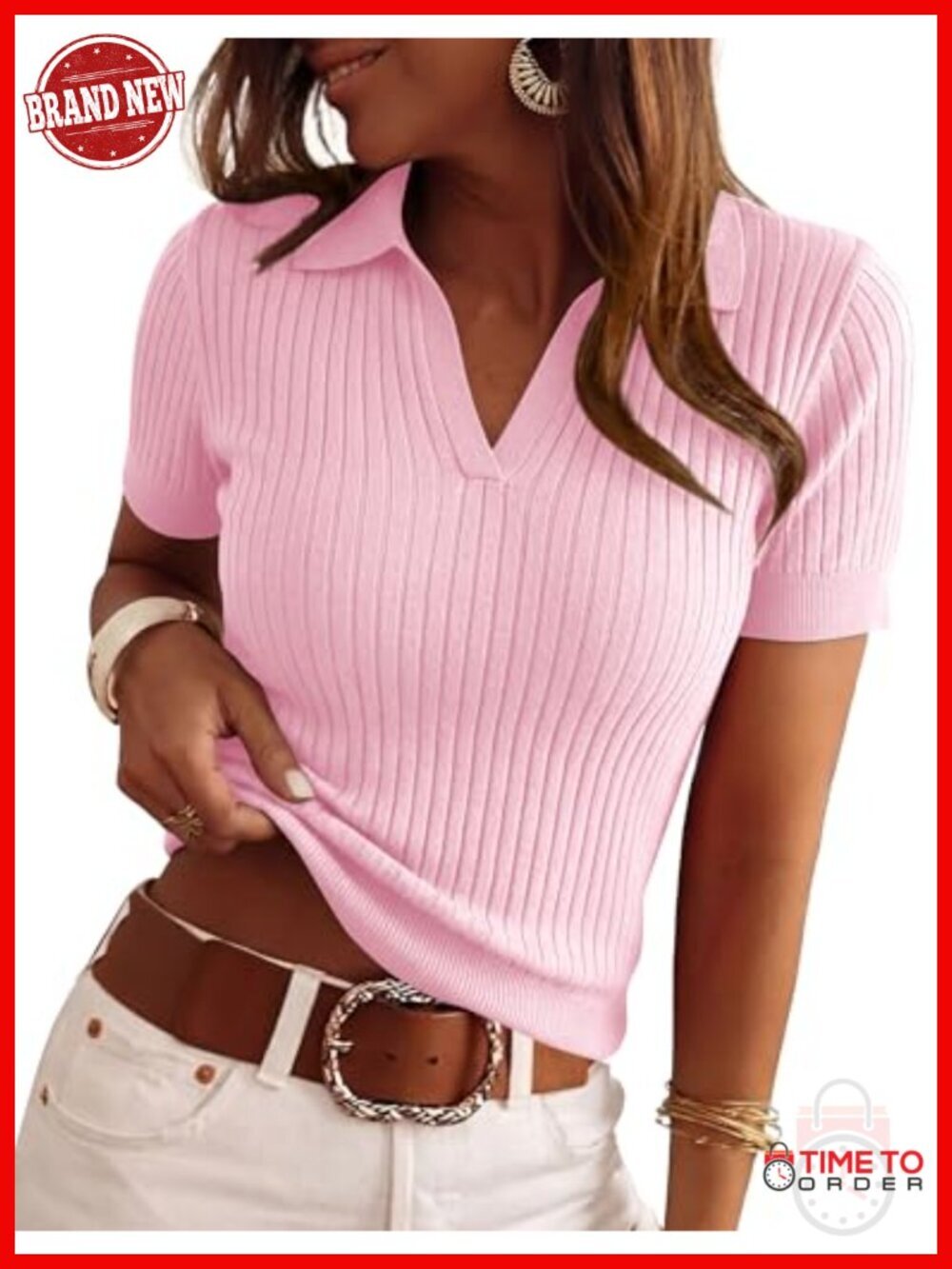 Short Sleeve V-Neck Ribbed Knit Pullover Sweater Polo Top